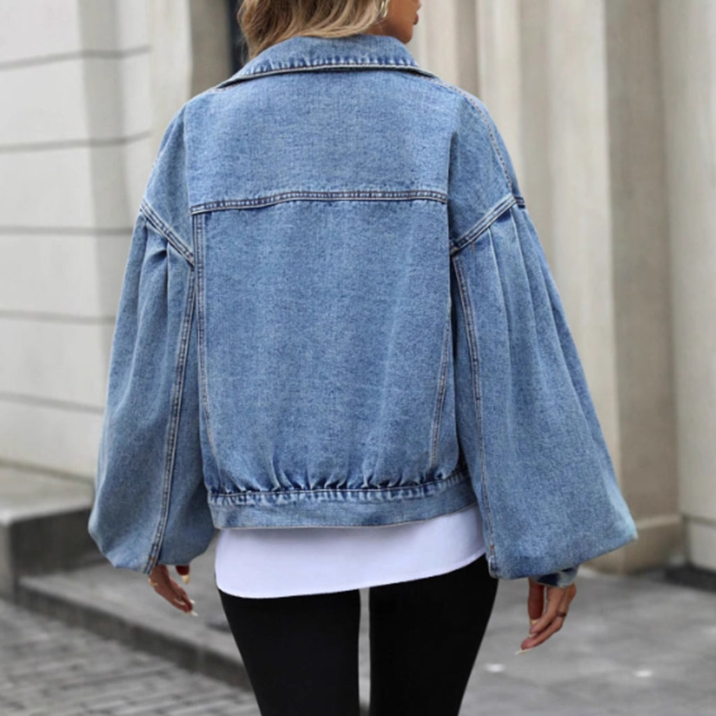 Women's Loose Fit Denim Jacket - Cropped Cotton Button-Up Jean Jacket