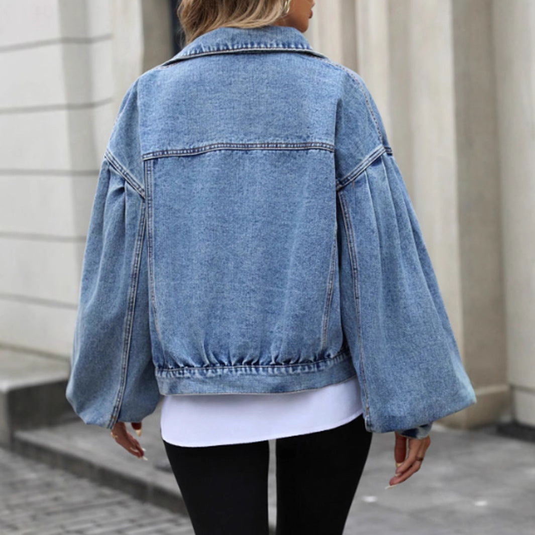 Women's Loose Fit Denim Jacket - Cropped Cotton Button-Up Jean Jacket