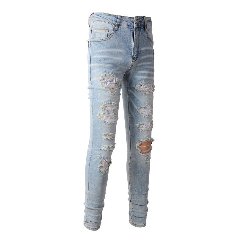 Men's Ripped Rhinestone Slim Fit Jeans | Light Blue Stretch Denim Pants