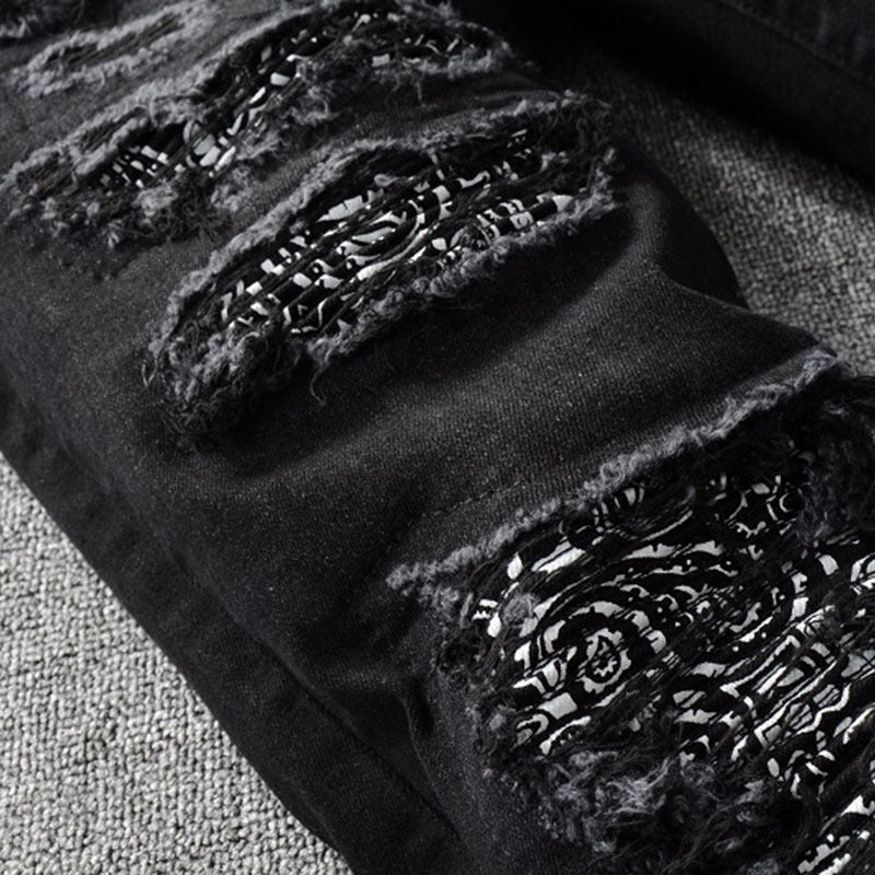 Men's Distressed Slim Fit Jeans - Black Stretch Patchwork Denim Pants