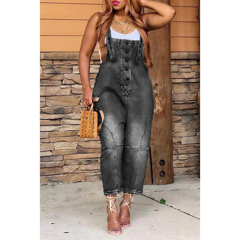 Women's Denim Overall Jumpsuit - High Waist Wide Leg Suspender Jeans