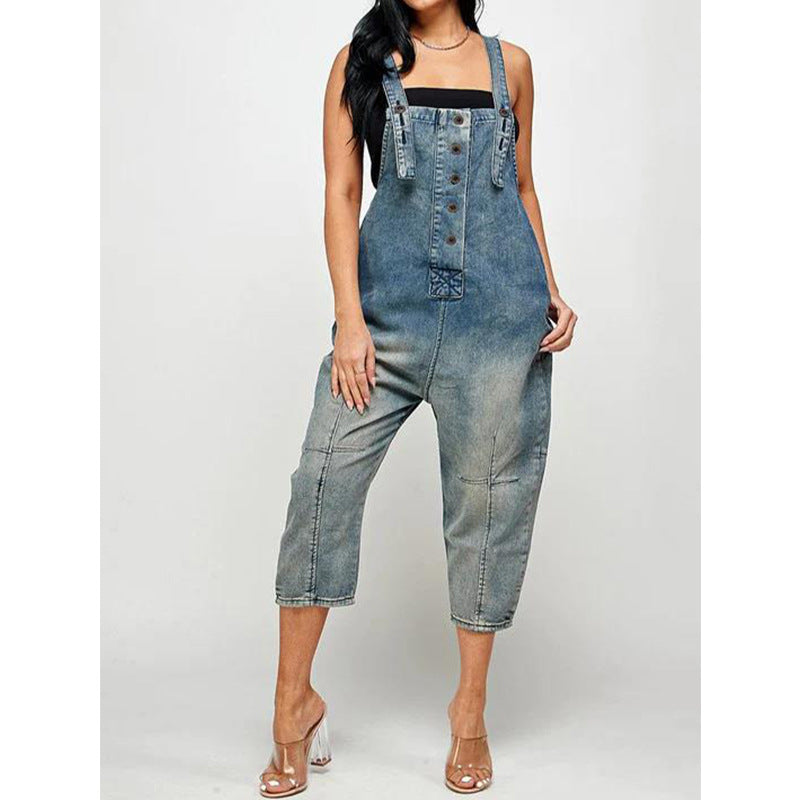 Women's Denim Overall Jumpsuit - High Waist Wide Leg Suspender Jeans