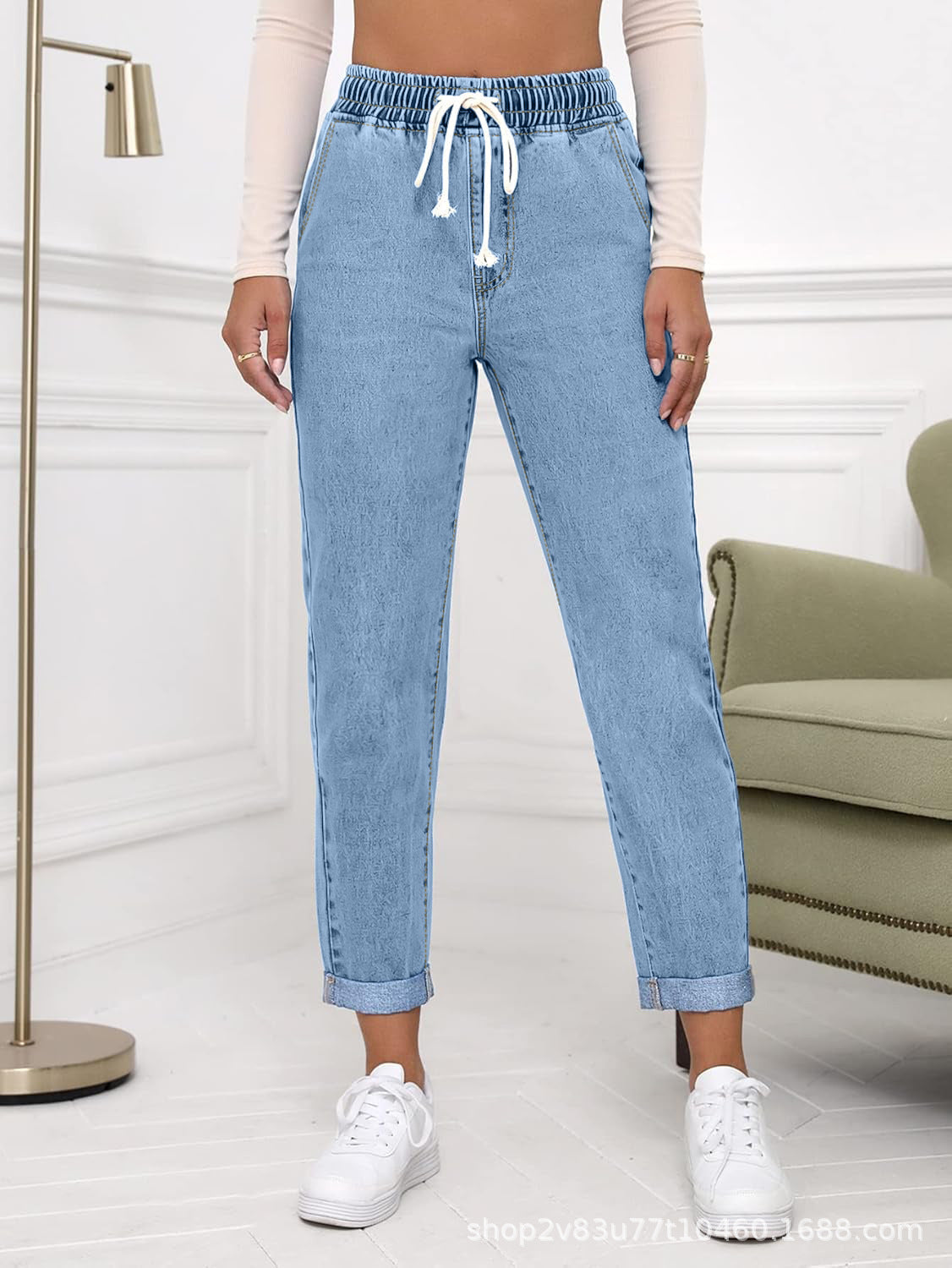 Women's Elastic Waist Cropped Denim Jeans - Casual Tapered Leg Drawstring Pants