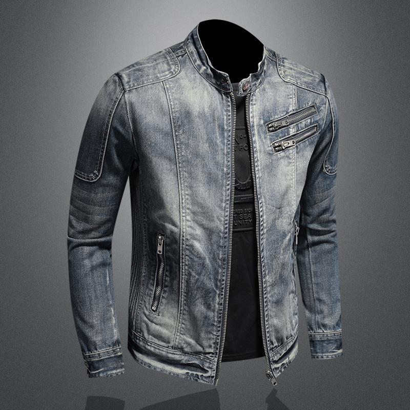 Men's Stand Collar Denim Jacket - Casual Zip-Up Cotton Denim Jacket