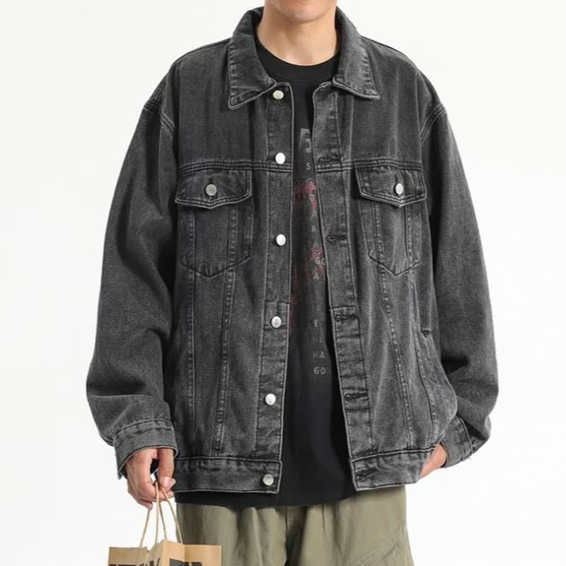Men's Loose Fit Denim Jacket - Casual Cotton Trucker Jacket with Utility Pockets