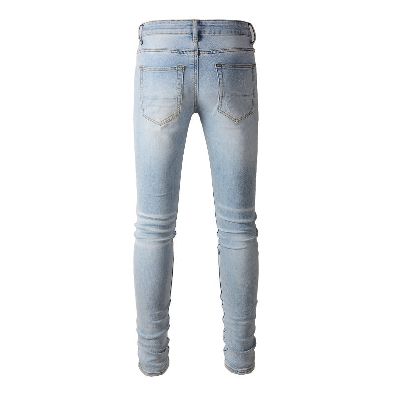 Men's Ripped Rhinestone Slim Fit Jeans | Light Blue Stretch Denim Pants