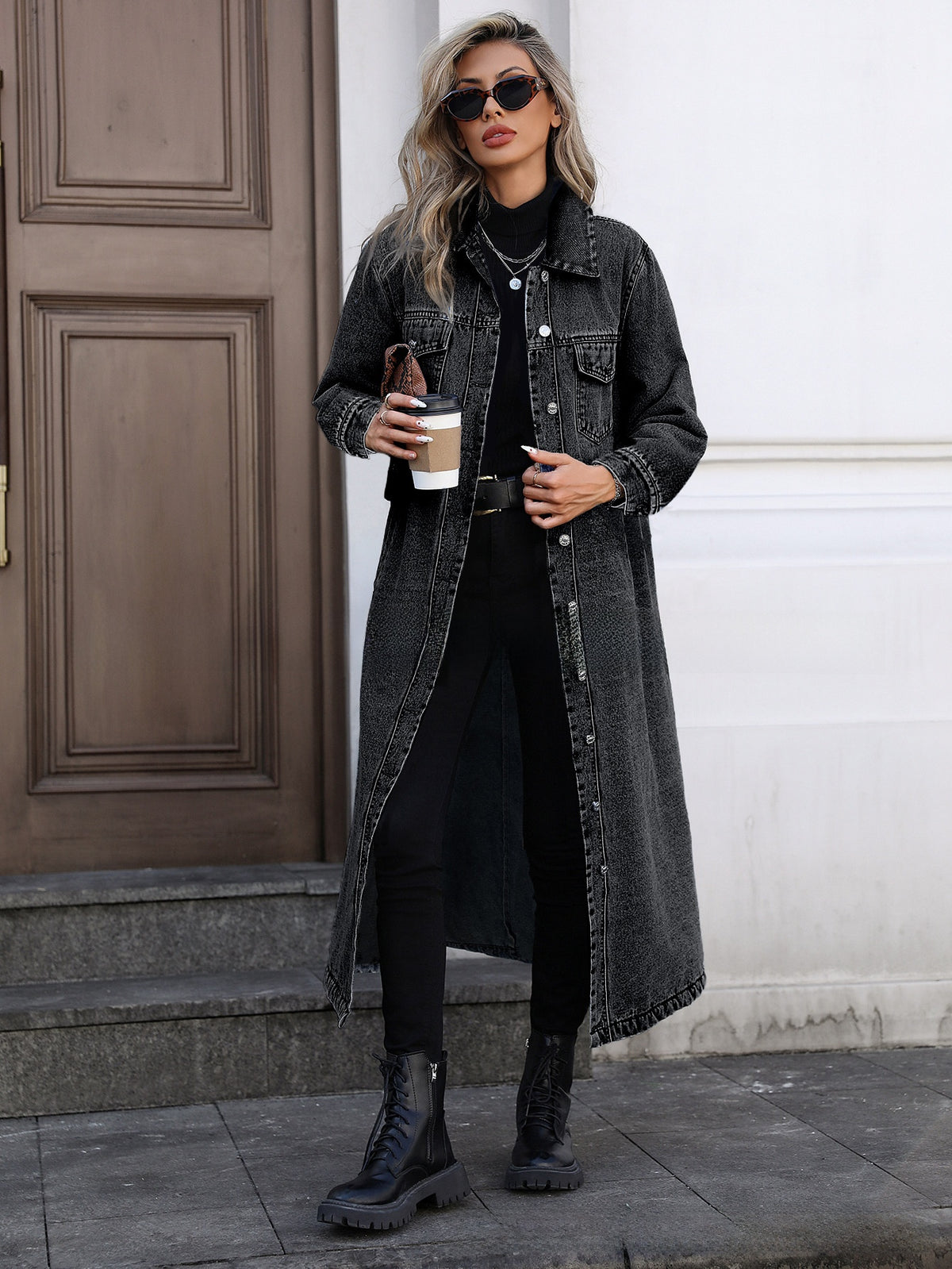 Women's Long Denim Jacket - Casual Loose Fit Denim Trench Coat