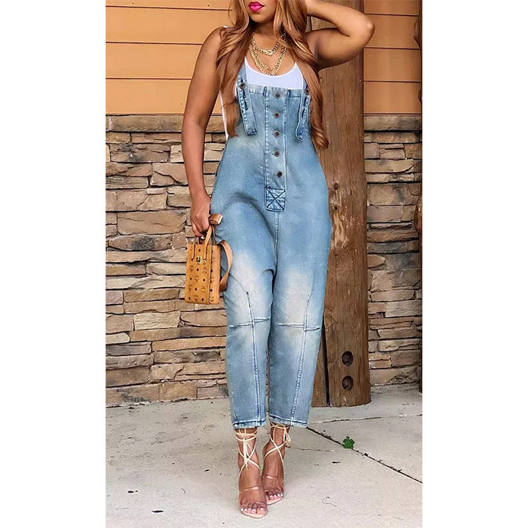 Women's Denim Overall Jumpsuit - High Waist Wide Leg Suspender Jeans