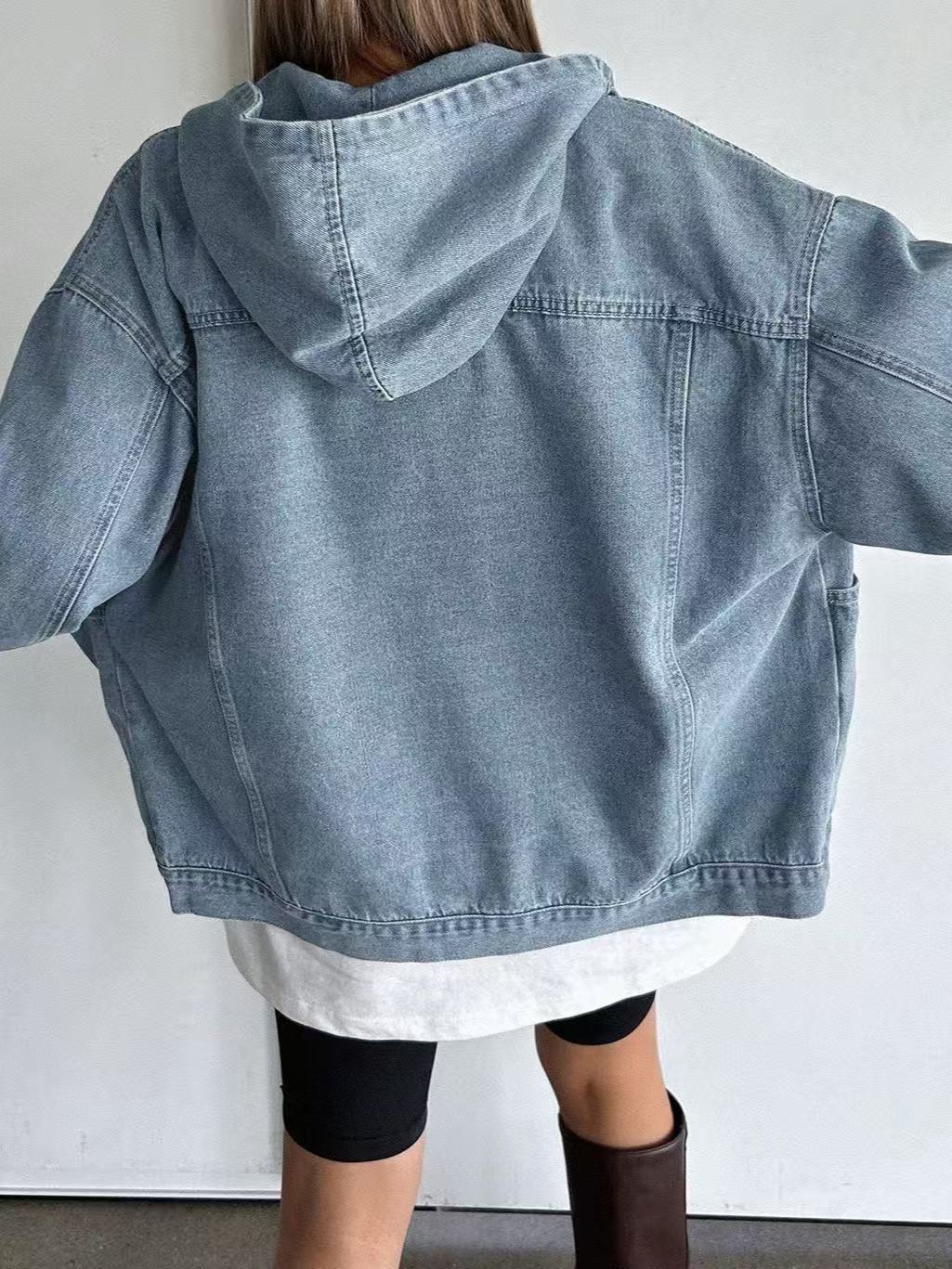 Women's Retro Hooded Denim Jacket - Casual Thick Denim Coat