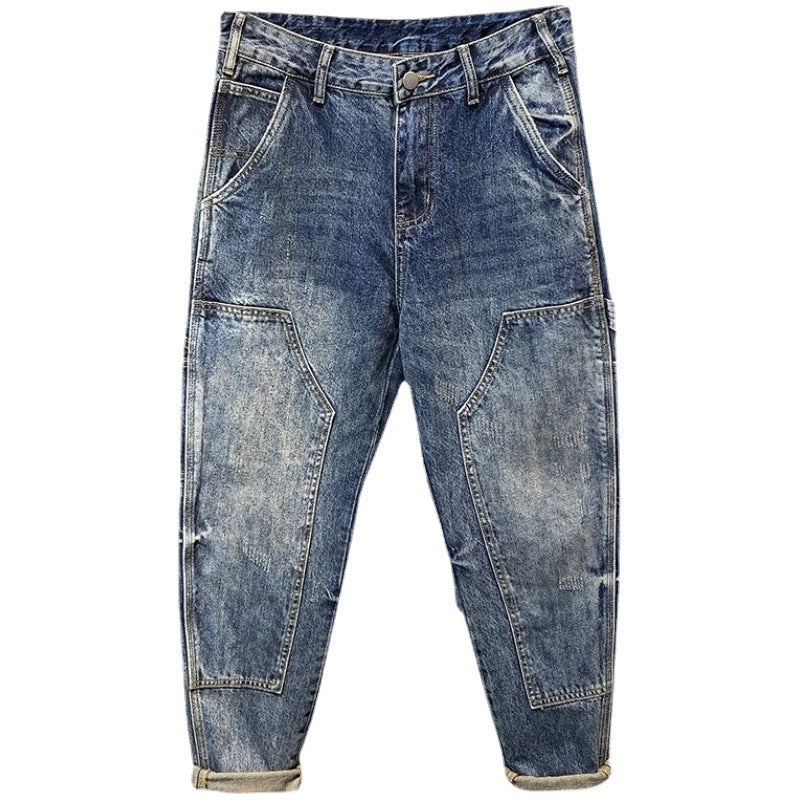 Men's Patchwork Cargo Jeans - Loose Fit Multi Pocket Straight Leg Denim Pants