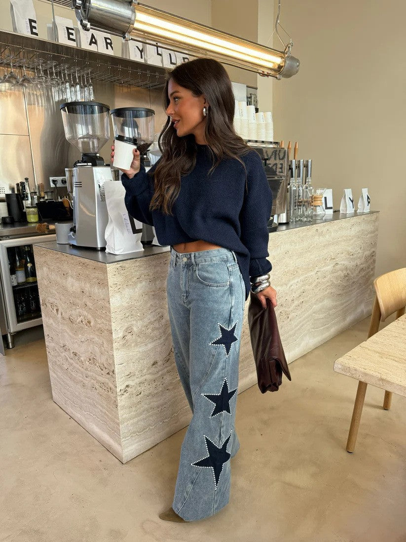Women's Star Print High Waist Straight Leg Jeans - Loose Fit Denim Pants