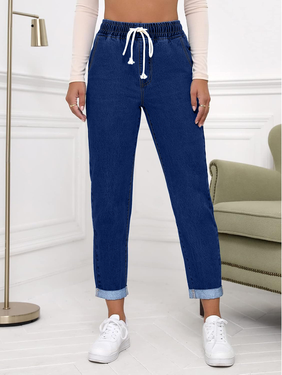 Women's Elastic Waist Cropped Denim Jeans - Casual Tapered Leg Drawstring Pants