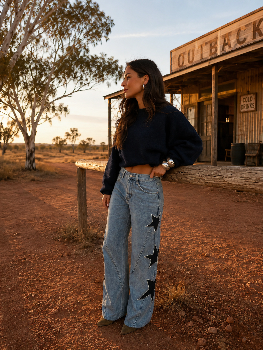 Women's Star Print High Waist Straight Leg Jeans - Loose Fit Denim Pants