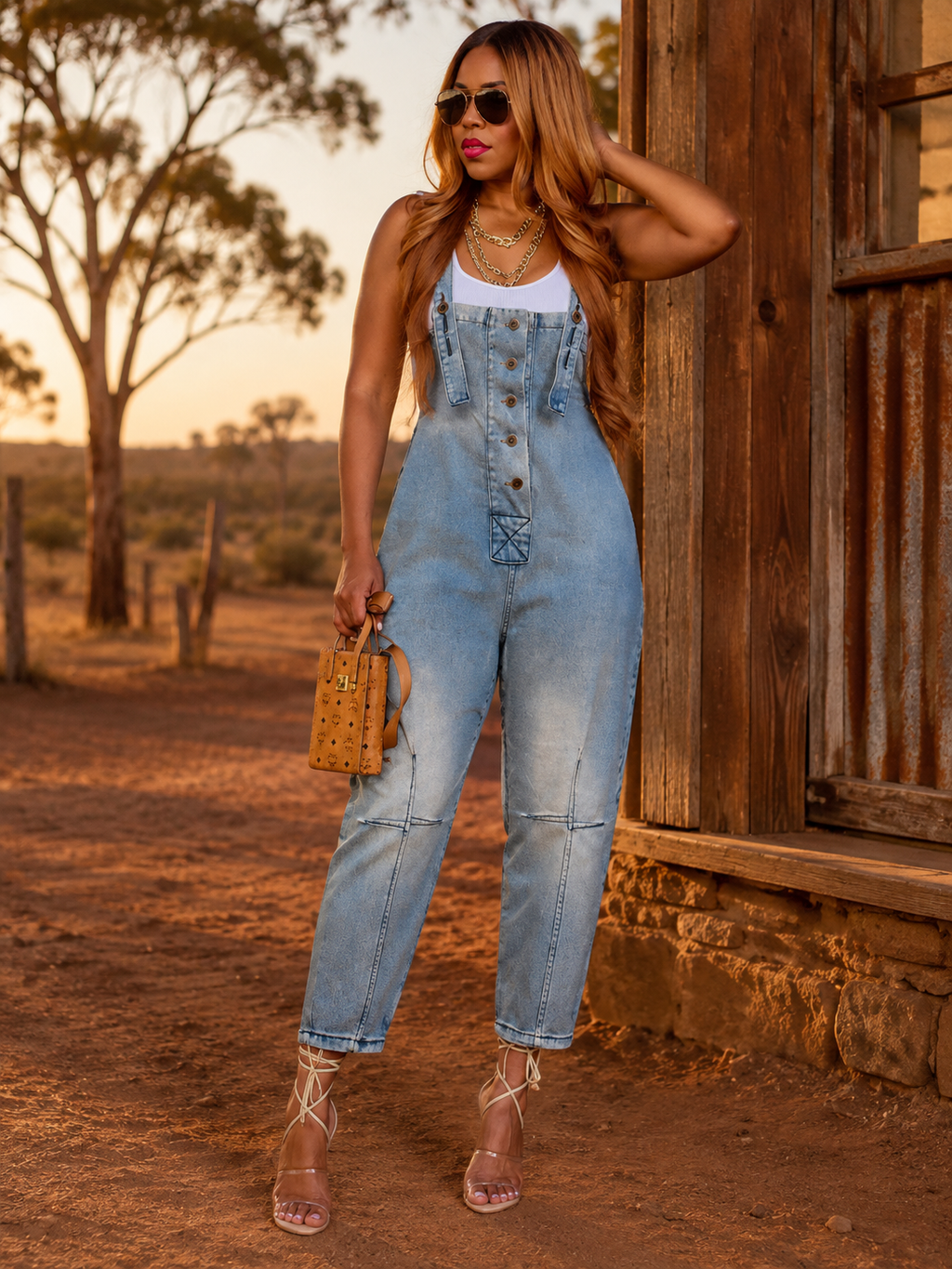 Women's Denim Overall Jumpsuit - High Waist Wide Leg Suspender Jeans