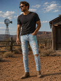 Men's Ripped Rhinestone Slim Fit Jeans | Light Blue Stretch Denim Pants