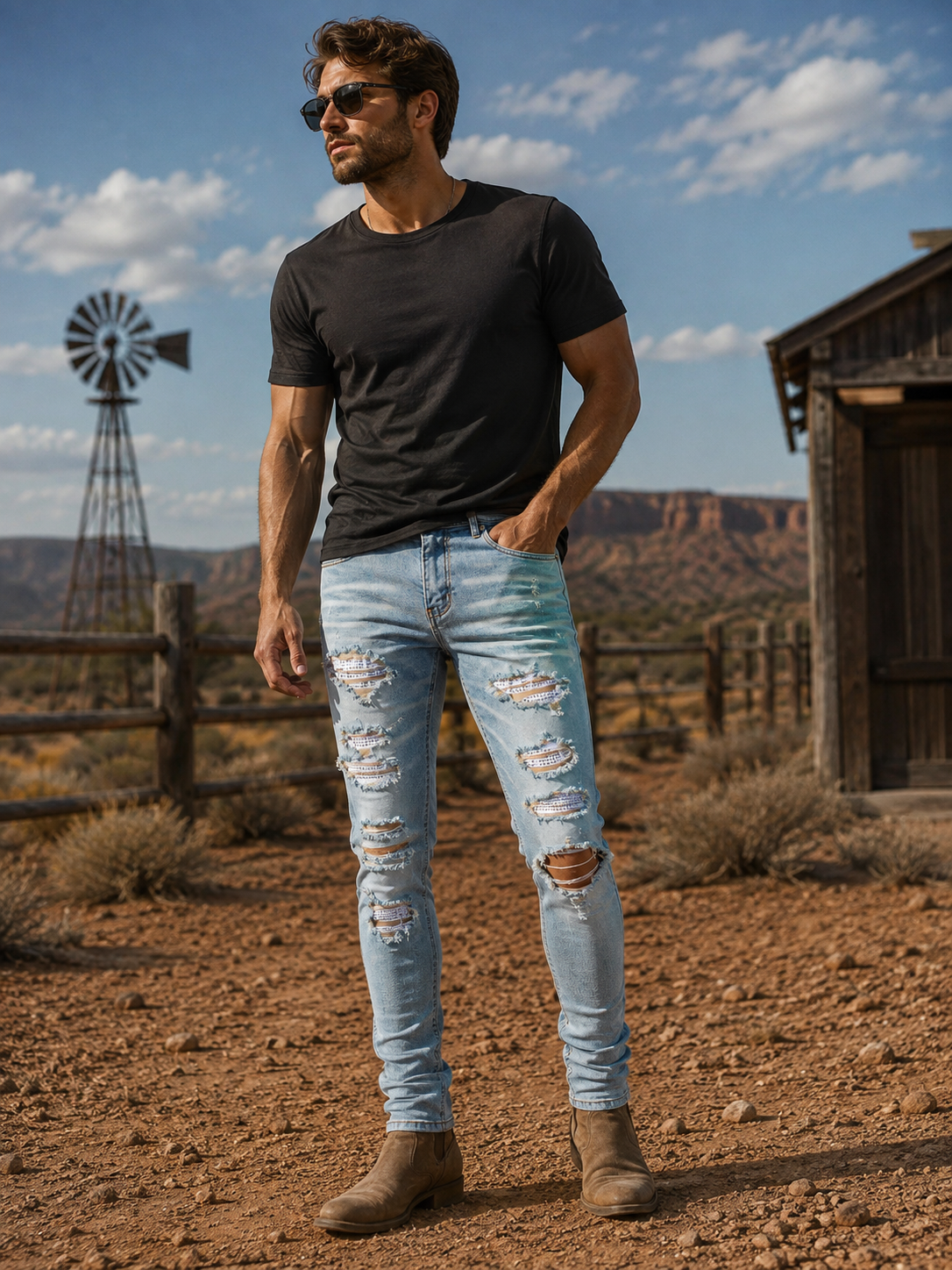 Men's Ripped Rhinestone Slim Fit Jeans | Light Blue Stretch Denim Pants