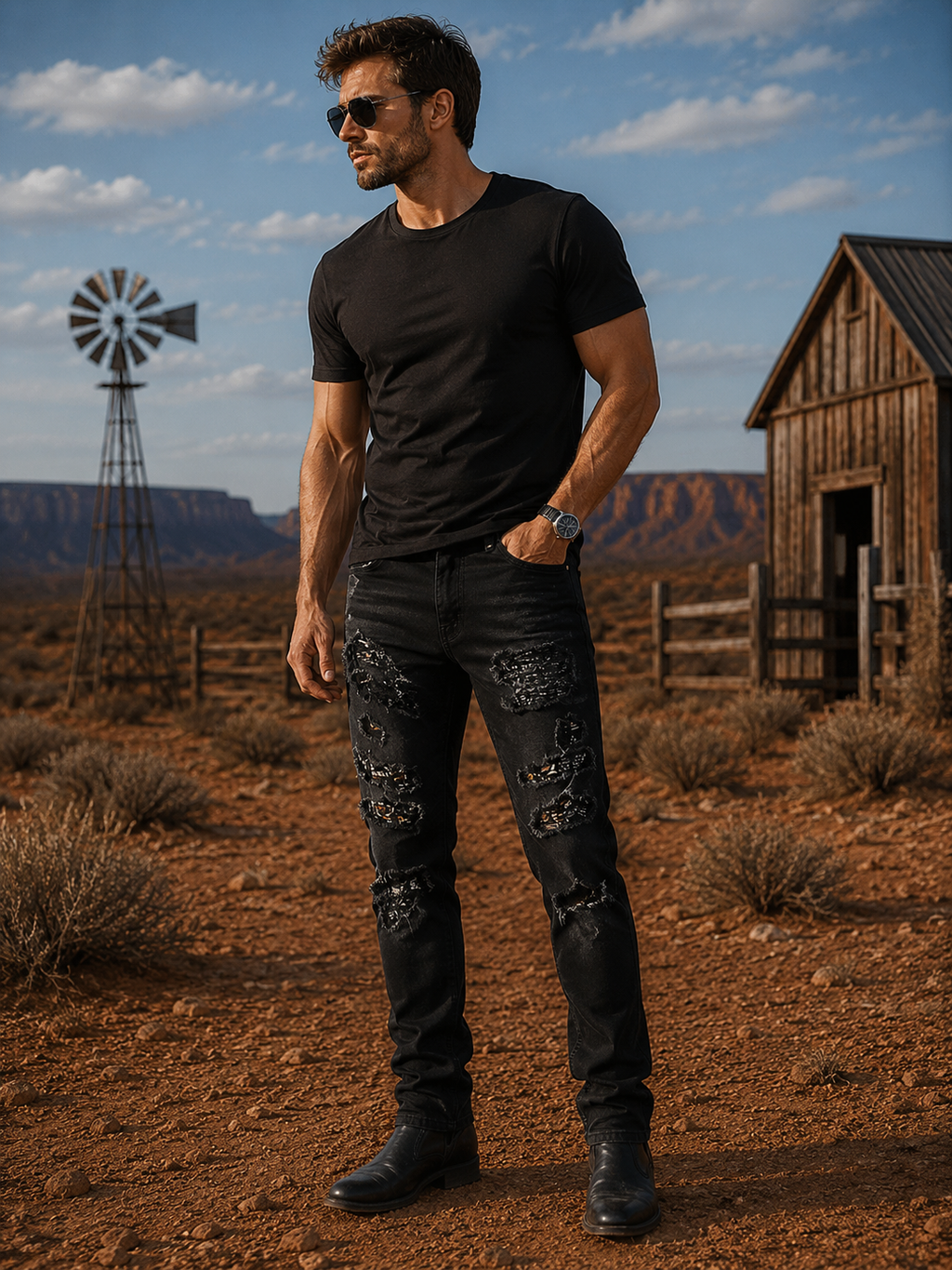 Men's Distressed Slim Fit Jeans - Black Stretch Patchwork Denim Pants