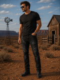 Men's Distressed Slim Fit Jeans - Black Stretch Patchwork Denim Pants