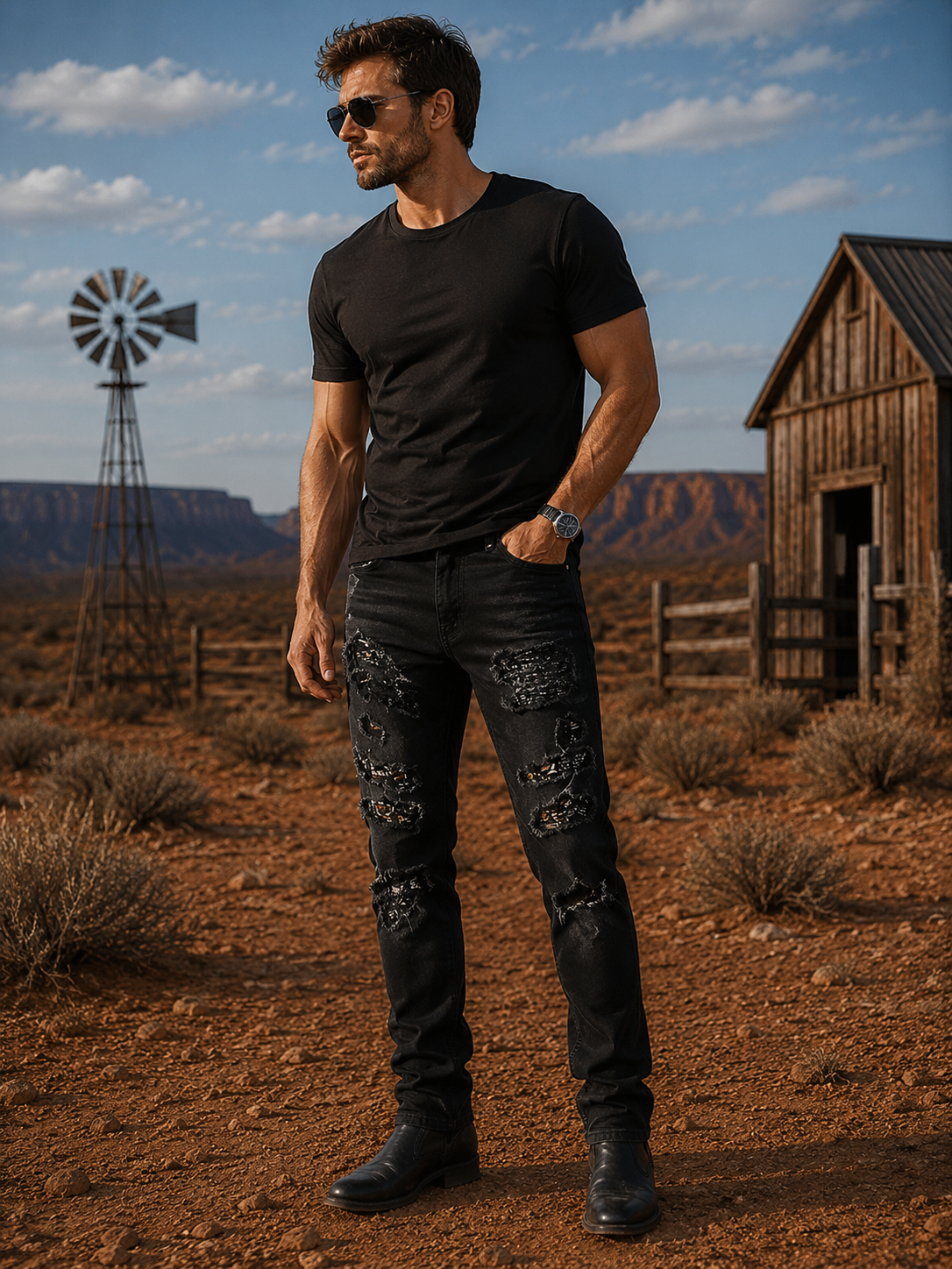Men's Distressed Slim Fit Jeans - Black Stretch Patchwork Denim Pants