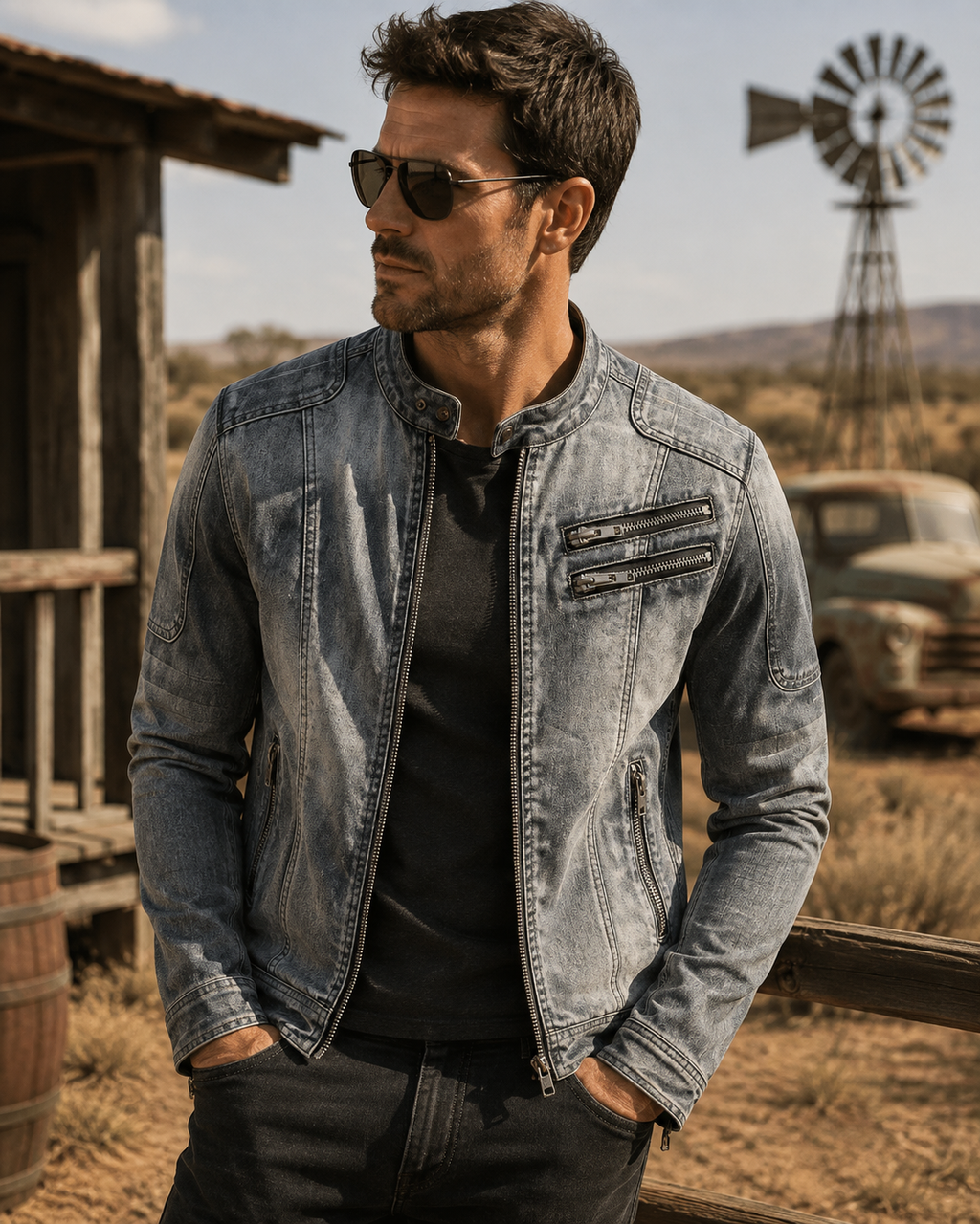Men's Stand Collar Denim Jacket - Casual Zip-Up Cotton Denim Jacket