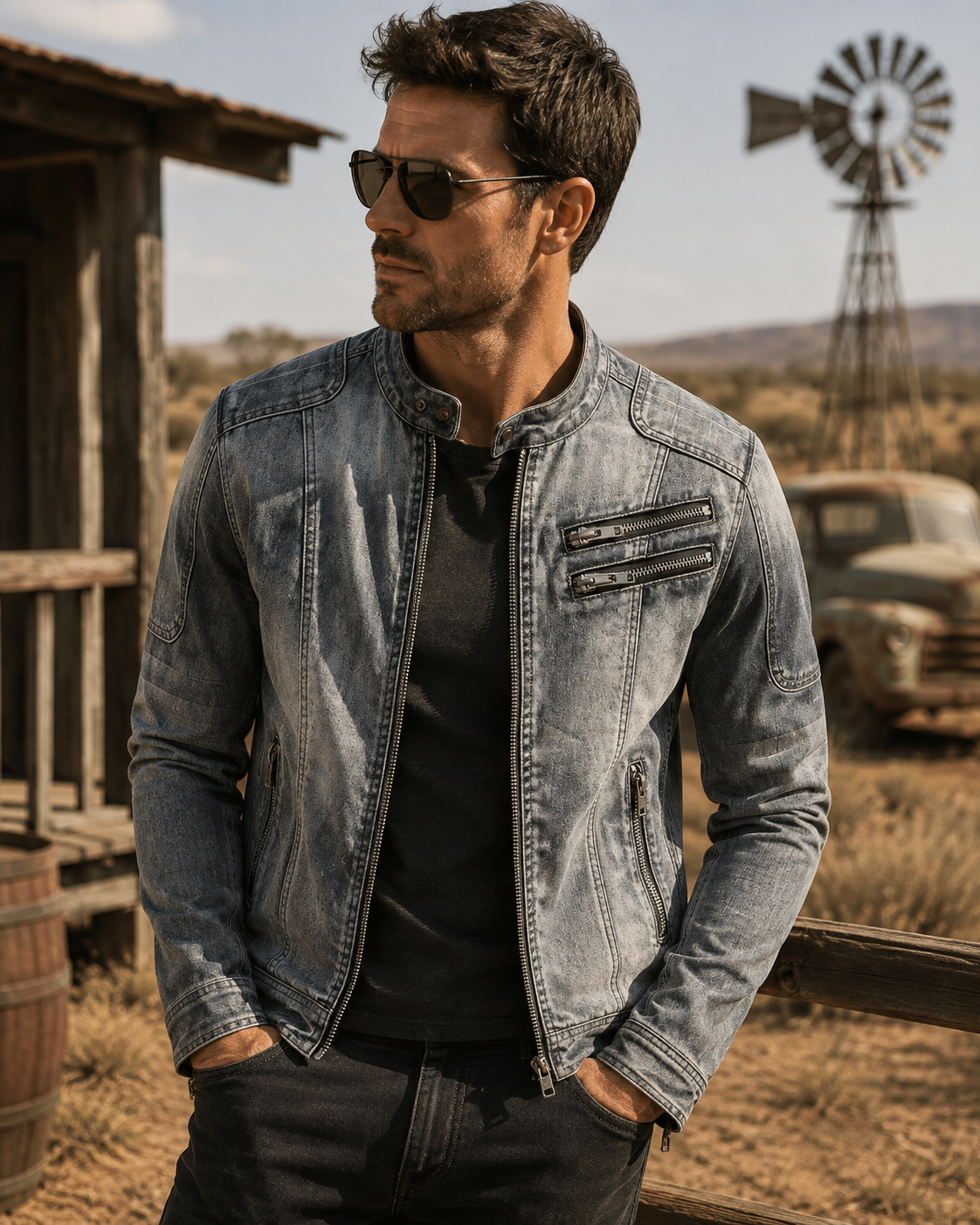 Men's Stand Collar Denim Jacket - Casual Zip-Up Cotton Denim Jacket