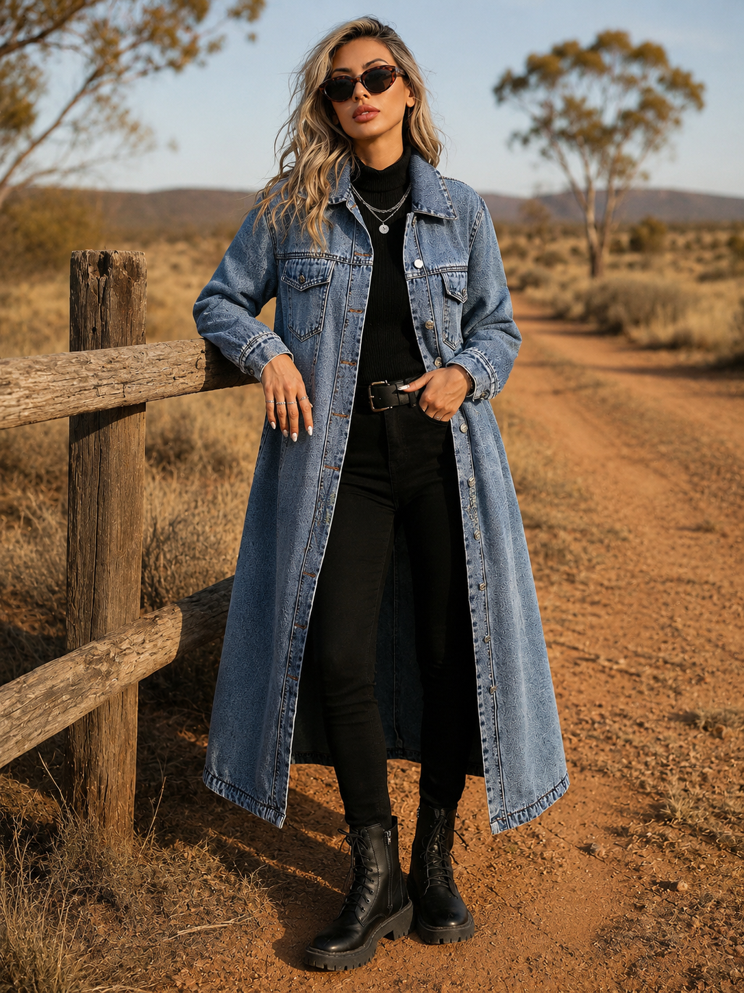 Women's Long Denim Jacket - Casual Loose Fit Denim Trench Coat