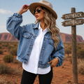Women's Loose Fit Denim Jacket - Cropped Cotton Button-Up Jean Jacket